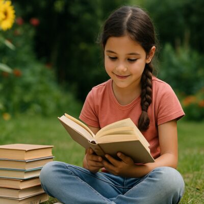 Girl Reading Books in Garden