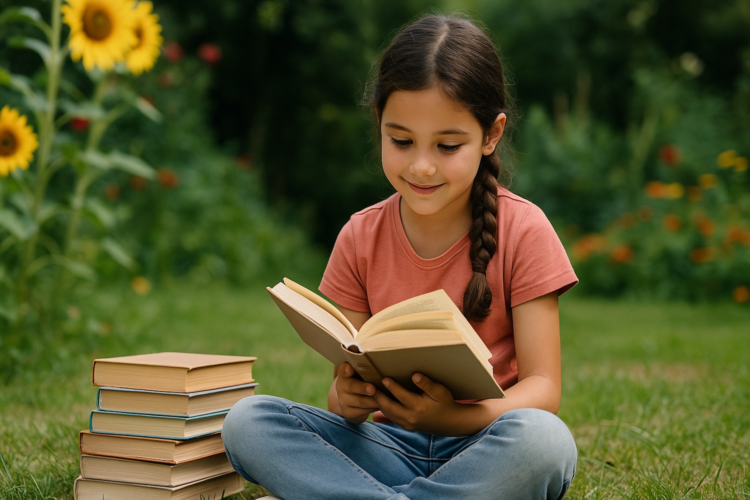 Young Girl Ready Books in Garden