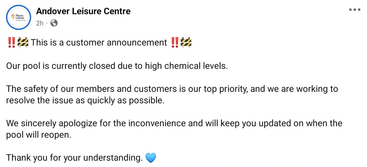 Andover Leisure Centre Pool Facebook Post